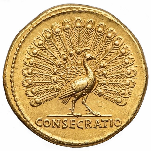 Gold Roman aureus coin – tails side showing peacock with CONSECRATIO inscription